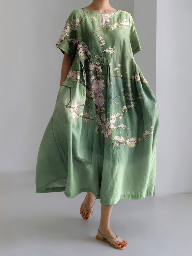 Plum Blossom Japanese Art Linen Blend Maxi Dress