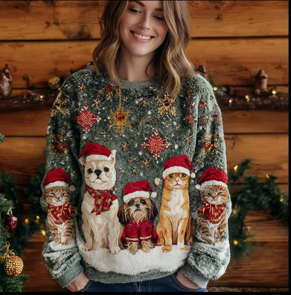 Comstylish Merry Christmas Warm Pet Design Women's Round Neck Sweatshirt