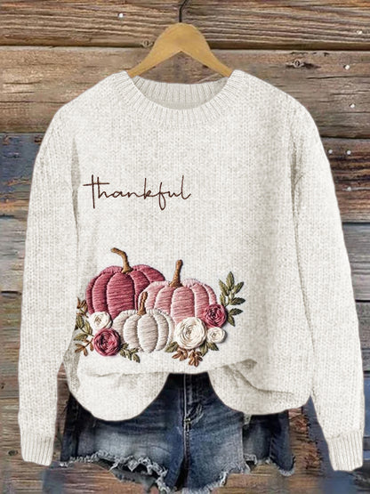 Thanksgiving Thankful Pink Pumpkins Floral Embroidered Cozy Sweater artswardrobe