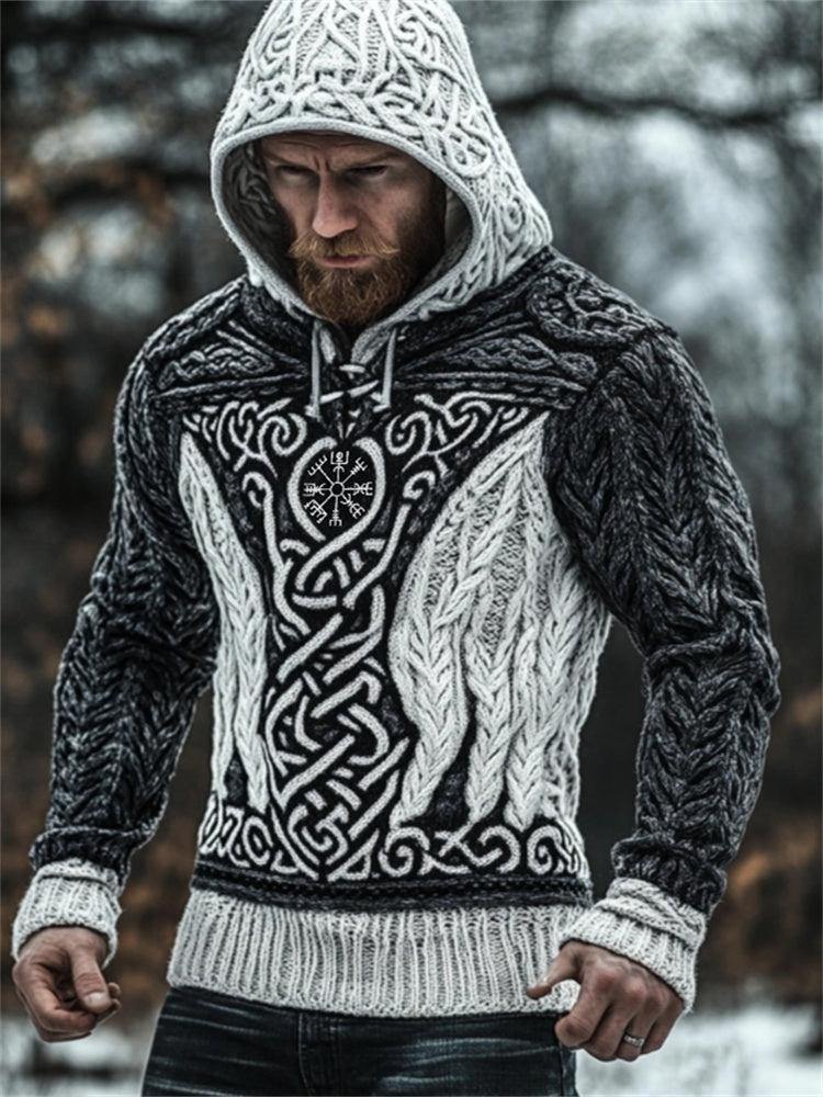 Men's Viking Vegvisir Celtic Contrast Chunky Hooded Sweater artswardrobe