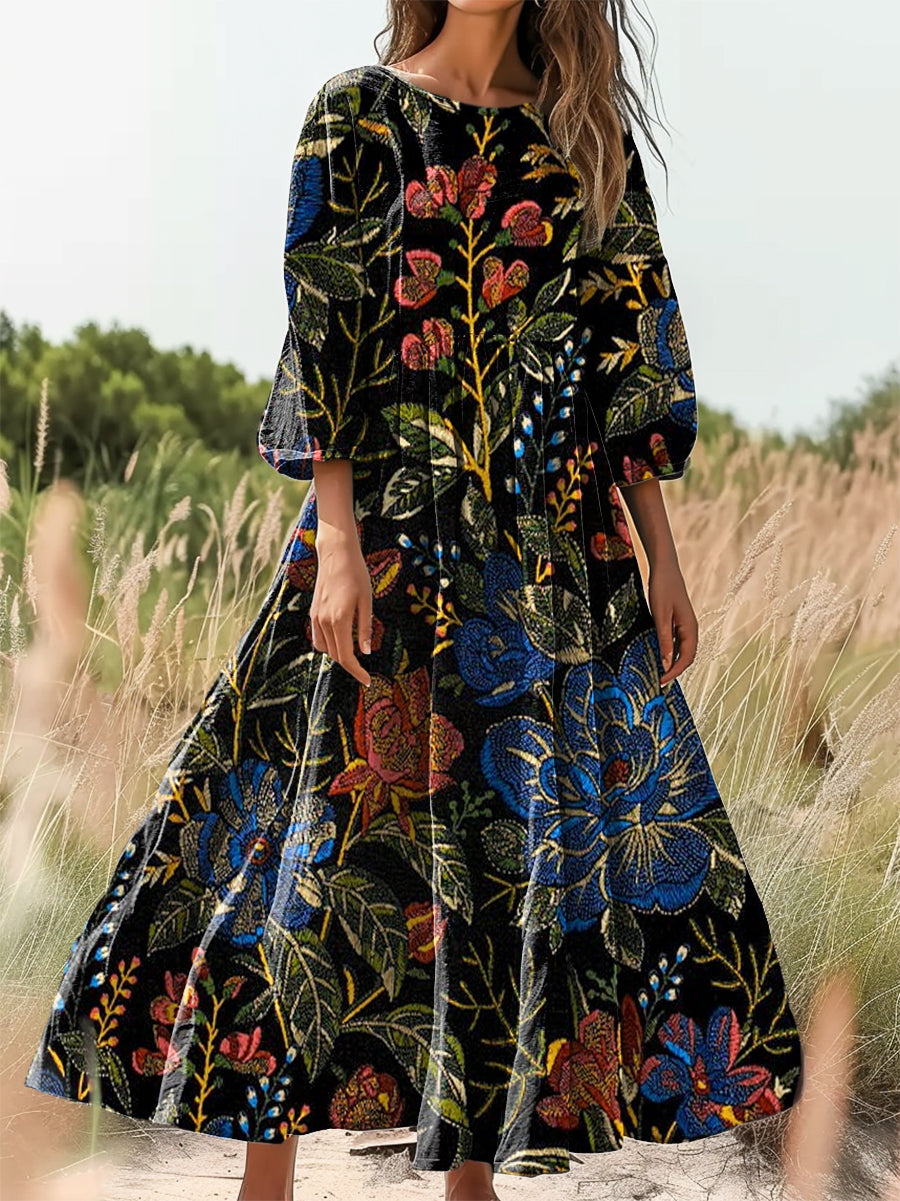 Women's Vintage Folk Floral Print Flowy Round Neck Pocket Cotton Dress