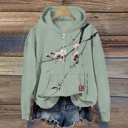 Comstylish Japanese Art Sakura Print Long Sleeves Zip Hoodie
