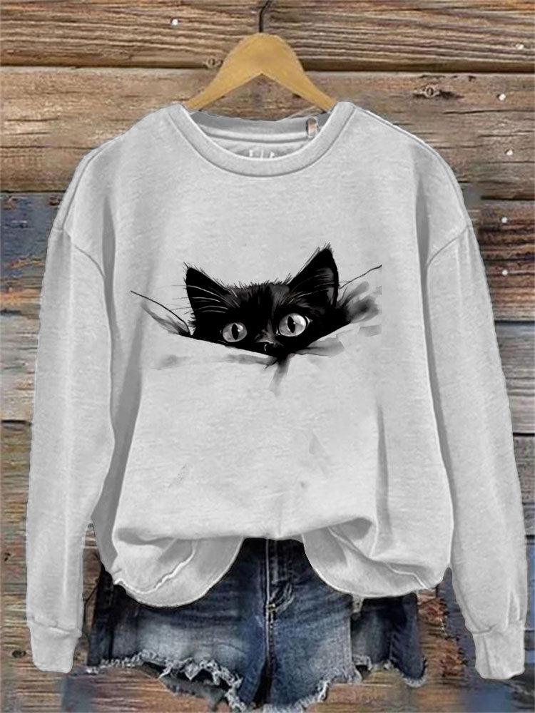 Comstylish Women's Casual Funny Black Cat Print Sweatshirt