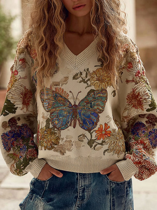 Women's Vintage Retro Casual Butterfly Floral Sweater artswardrobe