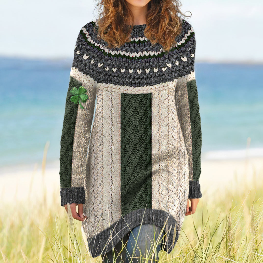 Women's Irish Celtic Knot Shamrock Contrast Jacquard Sweater Dress elevenforest