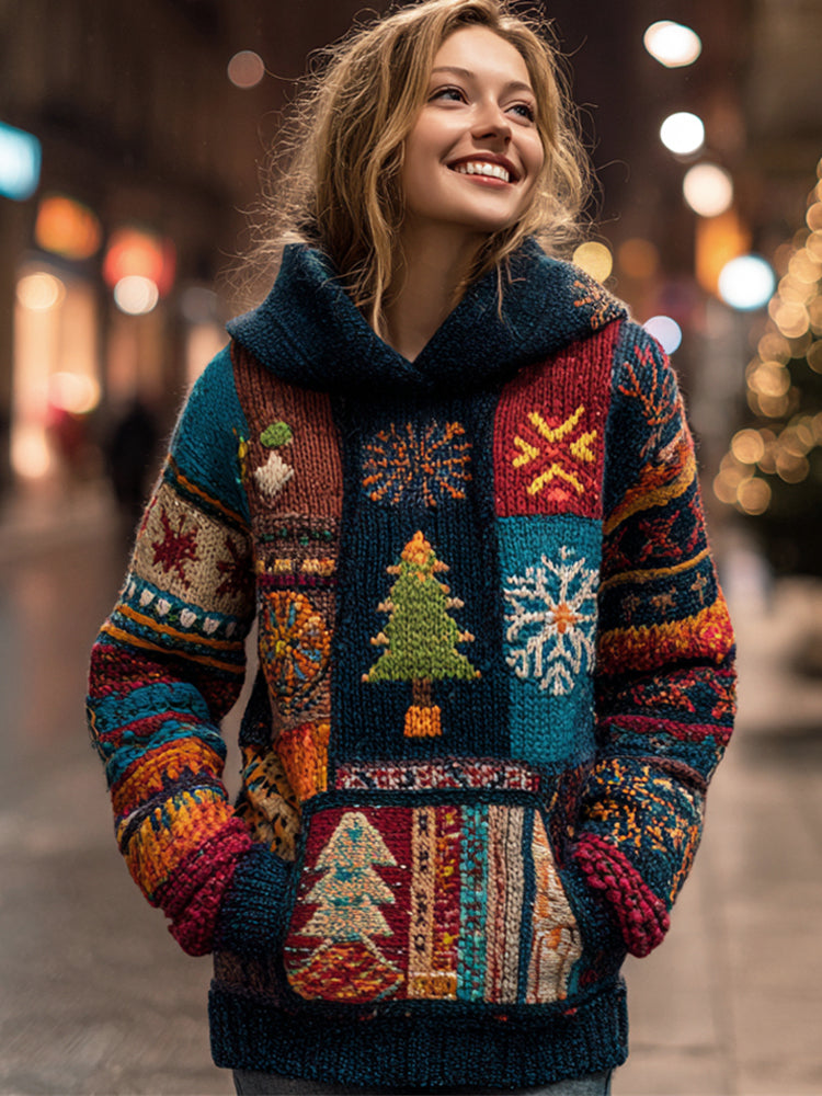 Vintage Western Christmas Art Women's Knit Hooded Sweater artswardrobe