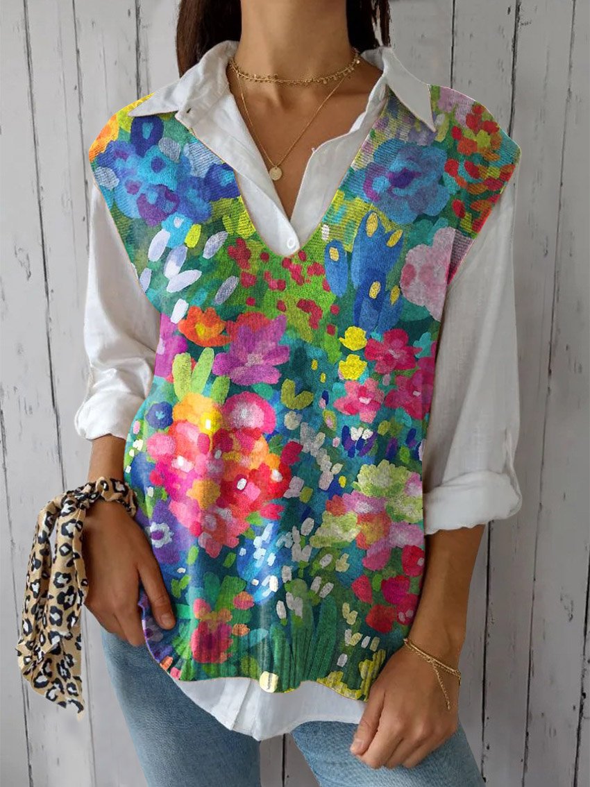 Women's Vintage Lovely Floral Art Print Versatile Knitted Vest