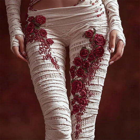 Comstylish Halloween Bloody Roses Tangled Bandages Cozy Knit Leggings