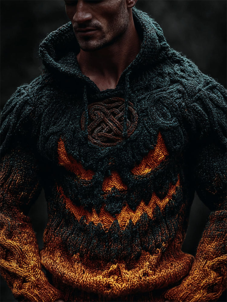 Men's Halloween Pumpkin Viking Celtic Gradient Cozy Chunky Hooded Sweater elevenforest