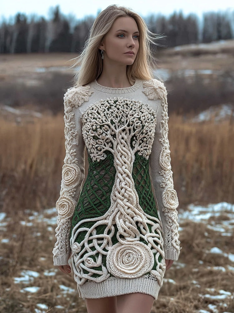 Viking Tree Of Life Vintage Cozy Knit Sweater Dress artswardrobe