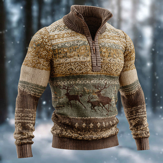 Comstylish Men's Christmas Deer Art Cozy Knit Half Zipped Sweater