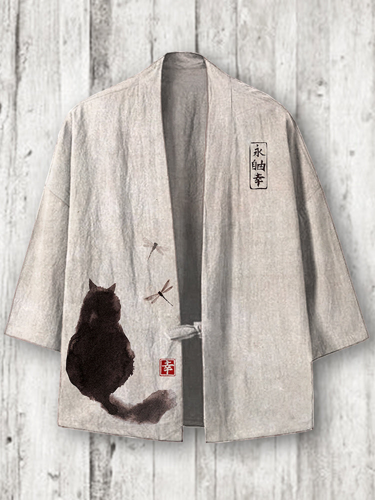 Japanese Art Cat Print Cozy Linen Blend Kimono Cardigan elevenforest