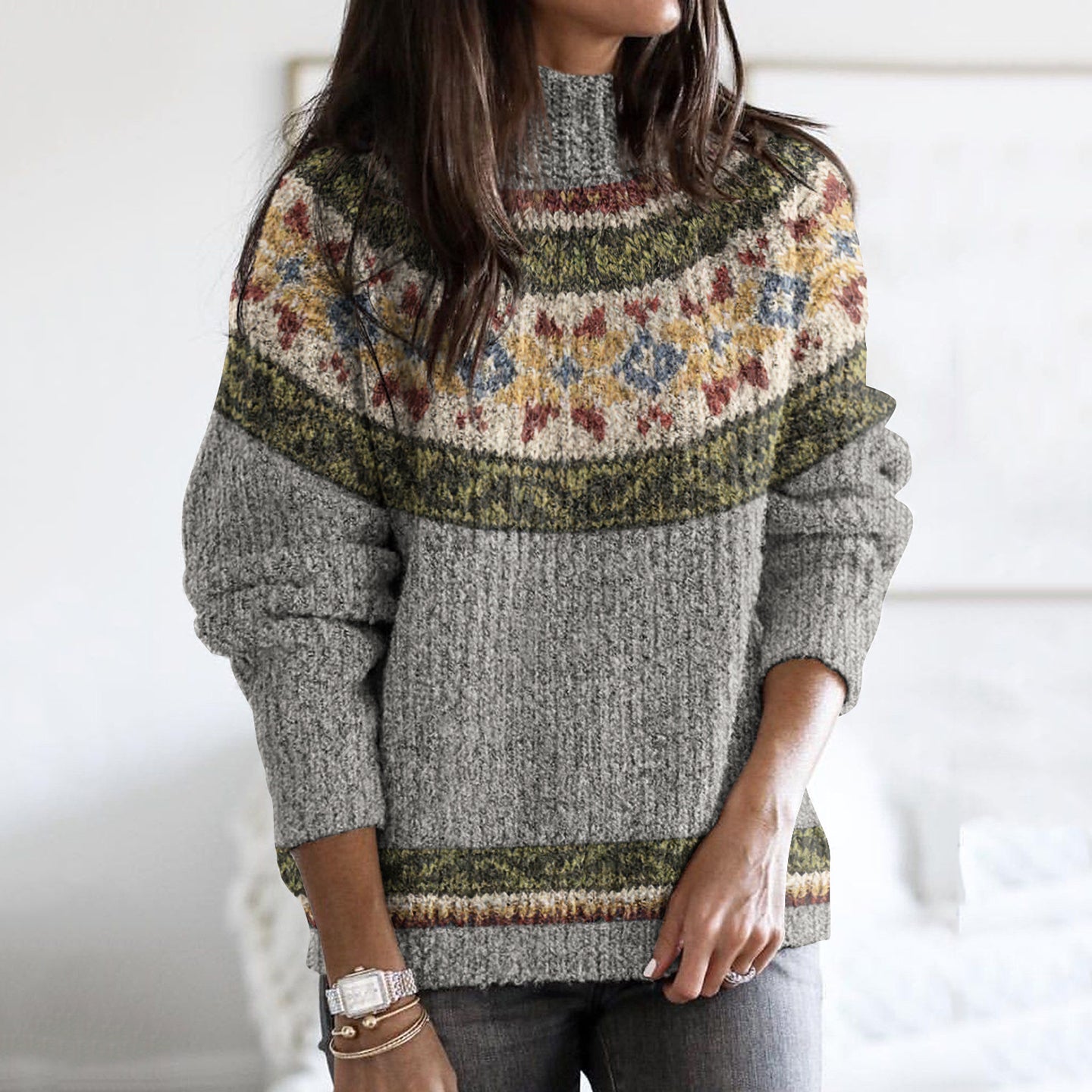 Vintage Contrast Iceland Jacquard Cozy High Collar Sweater elevenforest