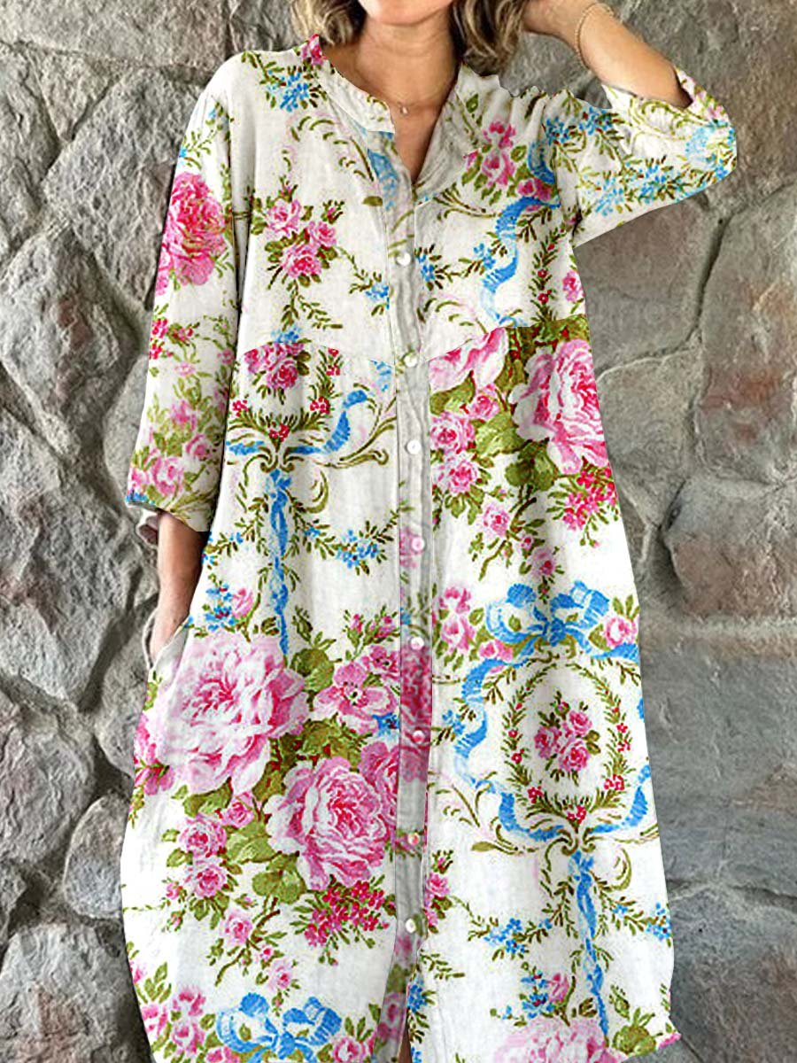 Women's Resort Style Floral Pattern Cotton and Linen Shirt Dress