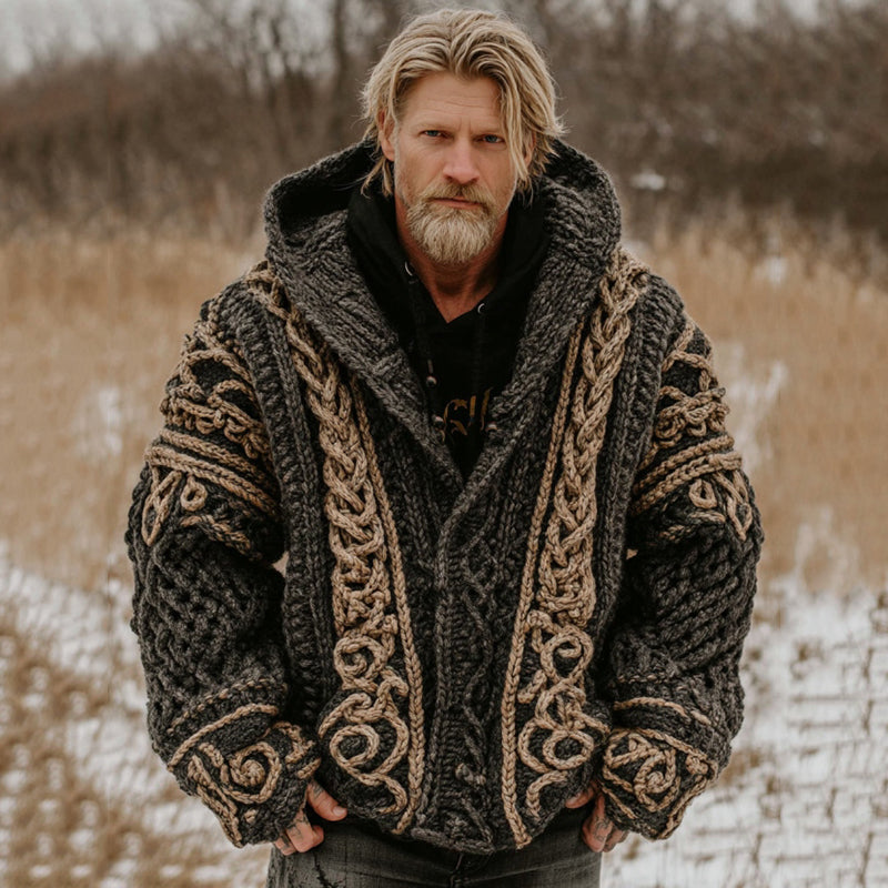 Men's Viking Celtic Geometry Pattern Art Knitted Hooded Sweater artswardrobe