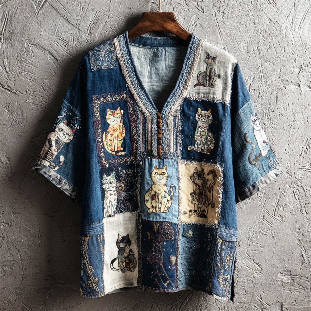 Comstylish Vintage Shabby Patchwork Cats Women's Linen V-neck T-shirt