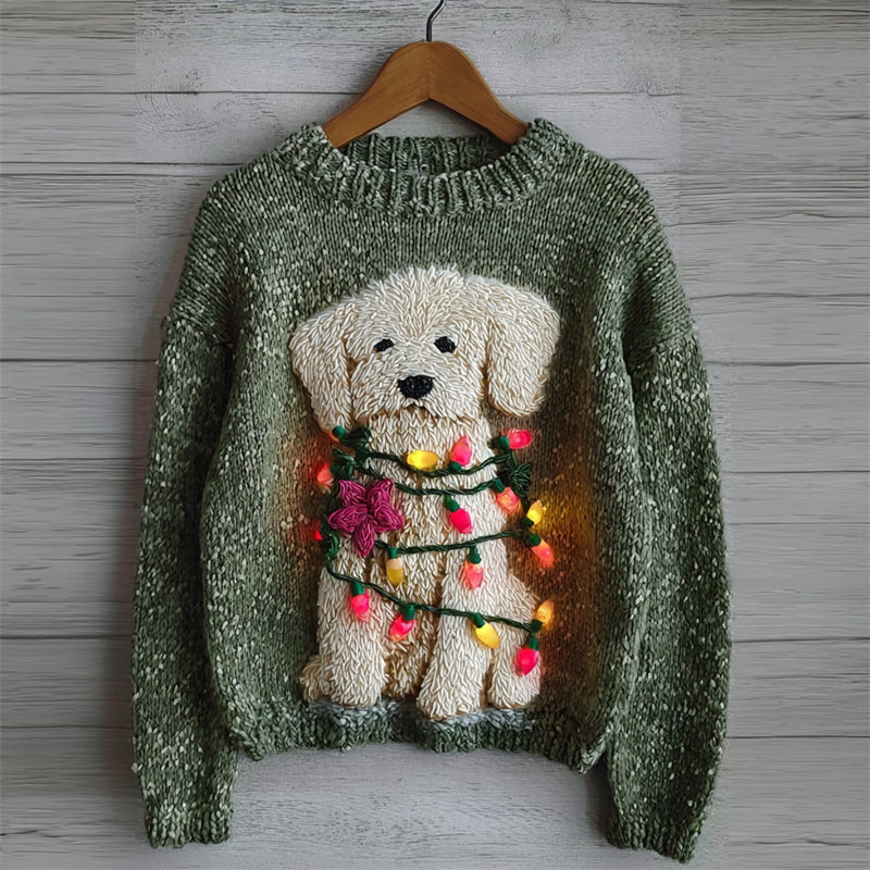 Lovely Fuzzy Dog With Christmas Lights Cozy Knit Sweater artswardrobe