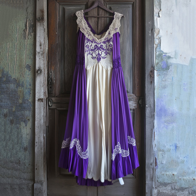 Boho Gradient Lavender Embroidered Pattern Lace Linen Dress artswardrobe