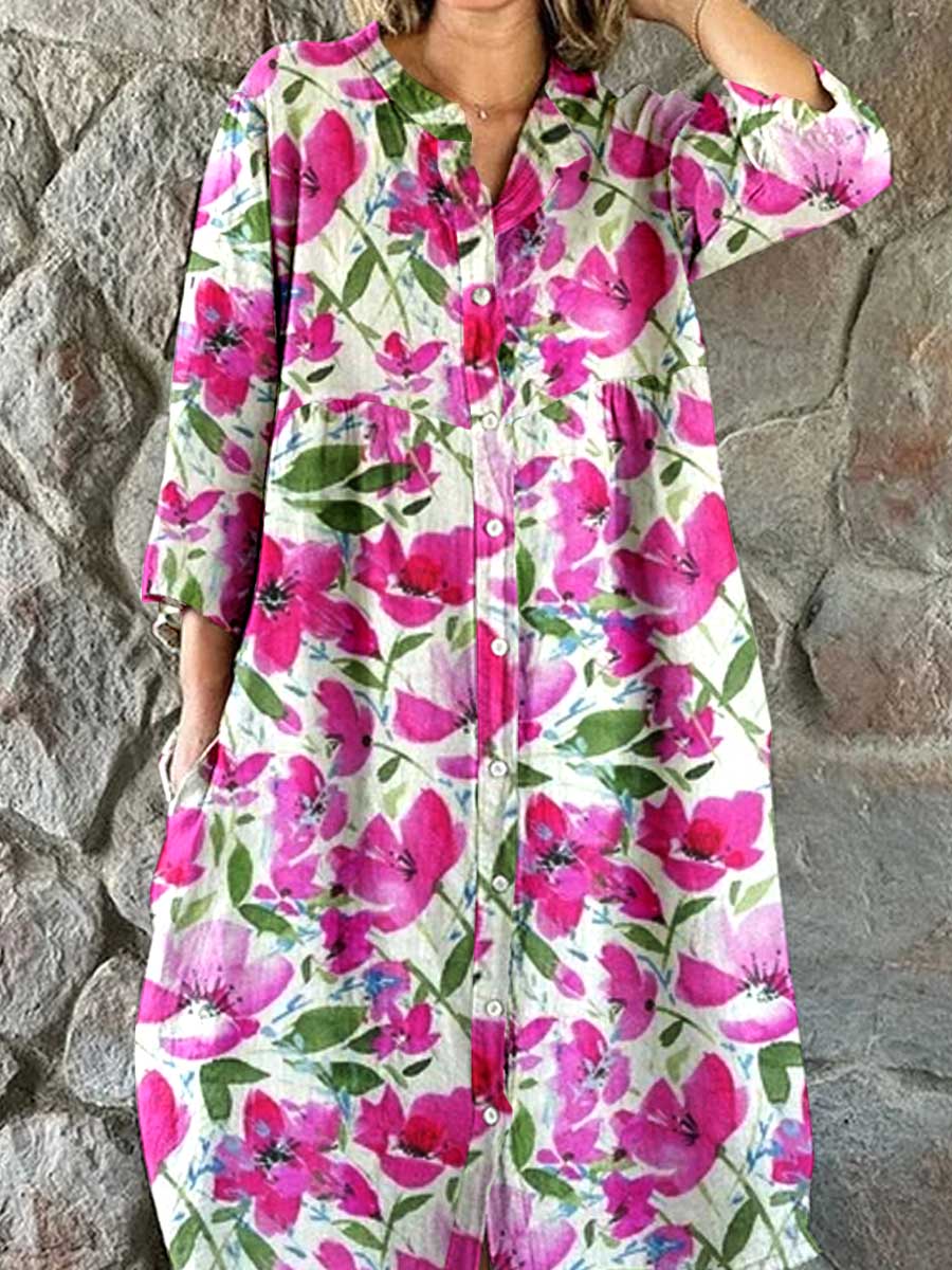 Women's Resort Art Floral Pattern Cotton Shirt Dress
