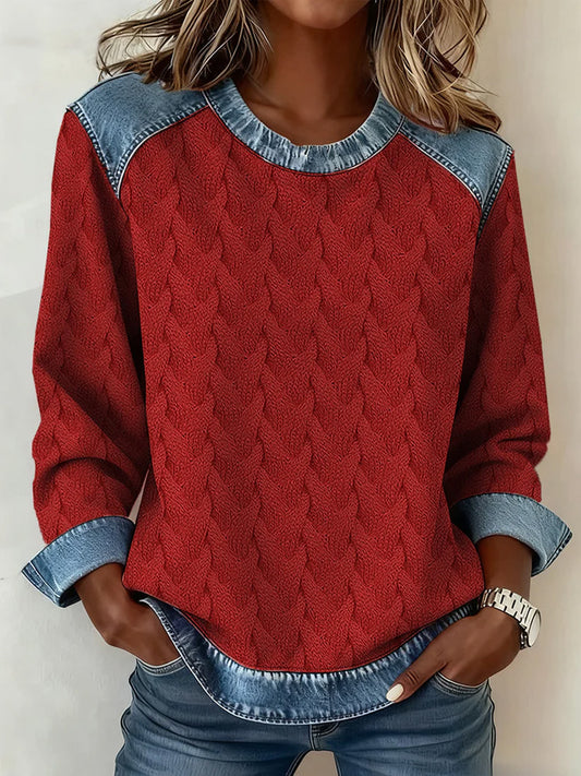 Comstylish Women's Textured Denim Collar Sweatshirt