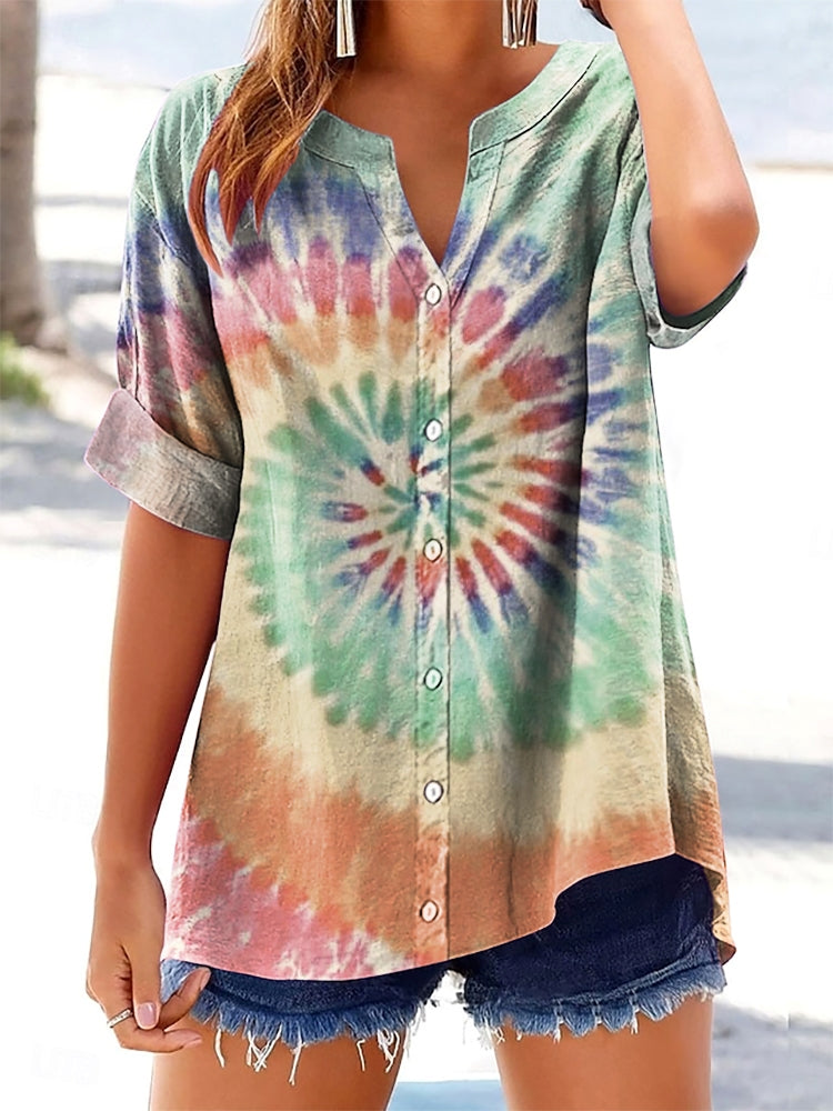 Women's Retro Tie-Dye Art Print Casual Short Sleeve Cotton and Linen S