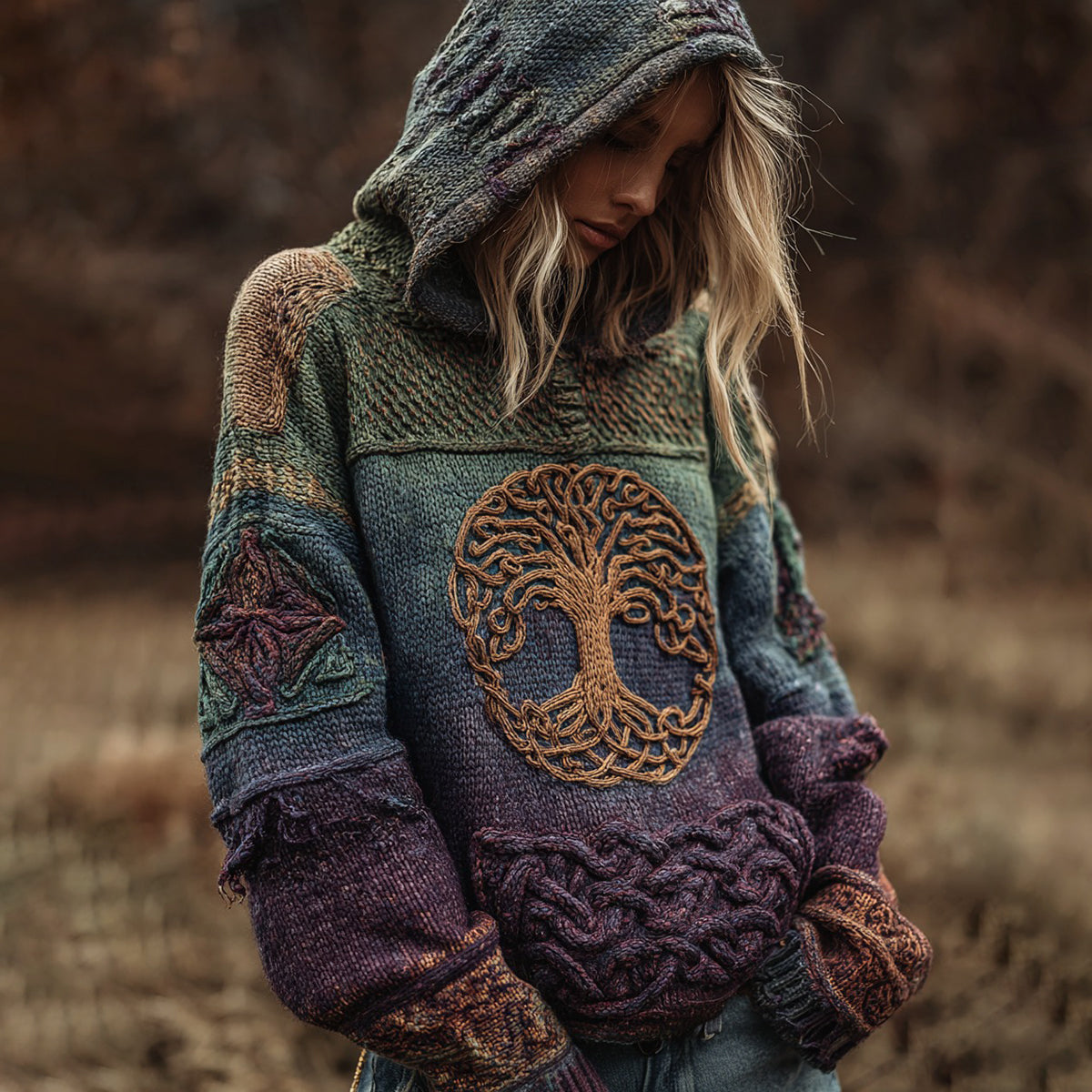 Viking Boho Life Of Tree Gradient Art Chunky Knitted Cozy Hooded Sweater artswardrobe