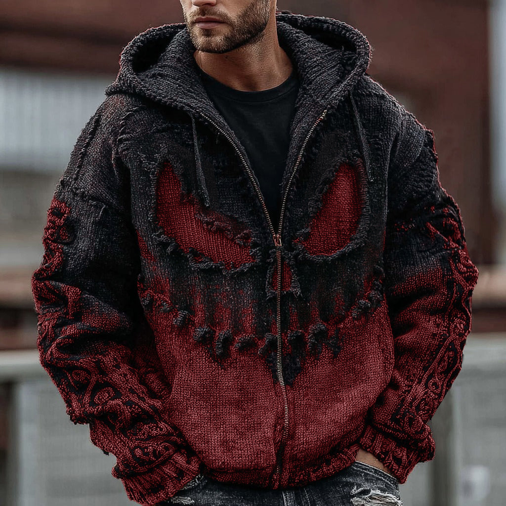 Men's Halloween Spooky Face Gradient Inspired Knitted Distressed Zipper Up Hooded Sweater artswardrobe