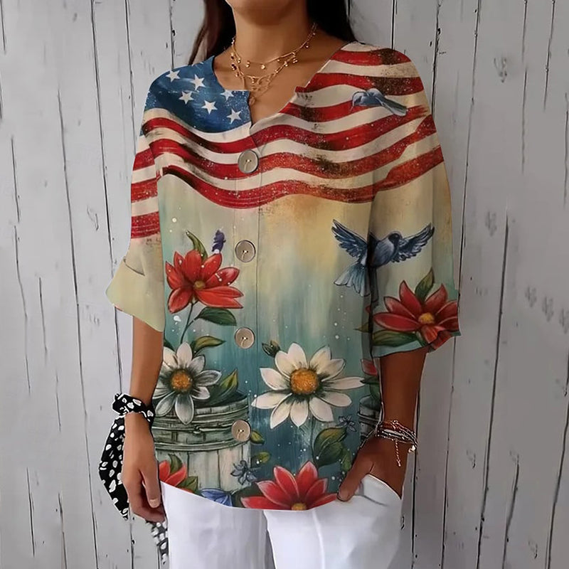 Comstylish Women's Vintage Independence Day Flag Print Button Down Linen Blend Shirt