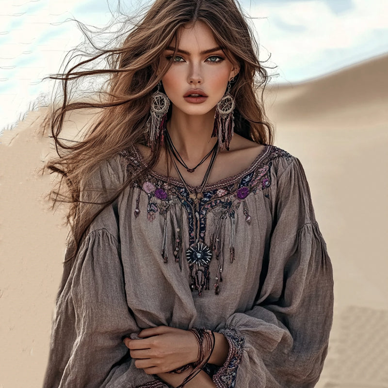 Comstylish Boho Floral Embroidery Round Neck Cotton Blend Blouse