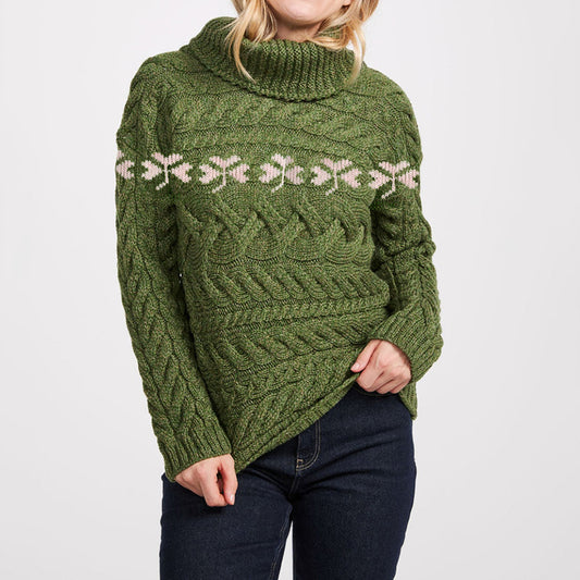Women'S St. Patrick'S Irish Shamrock Jacquard Knitted Turtleneck Sweater elevenforest