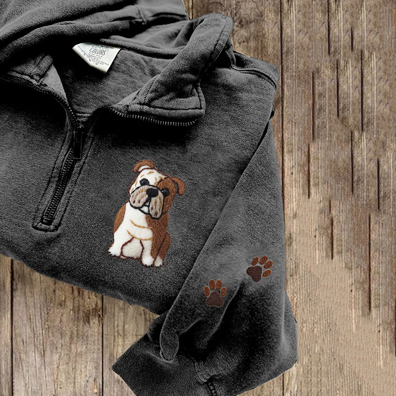 Comstylish Cute English Bulldog Applique Embroidery Art Zipper Sweatshirt