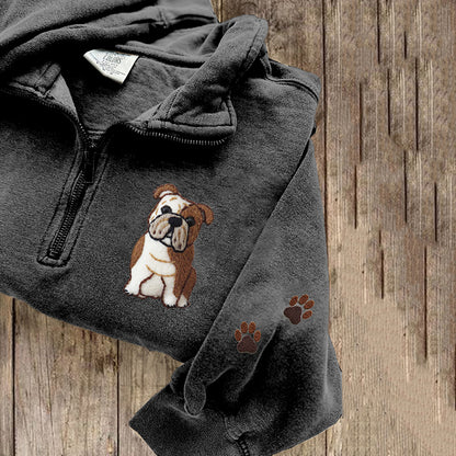 Comstylish Cute English Bulldog Applique Embroidery Art Zipper Sweatshirt