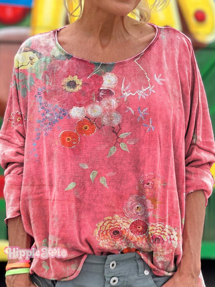 Women Vintage Floral Print Long Sleeve T-shirt