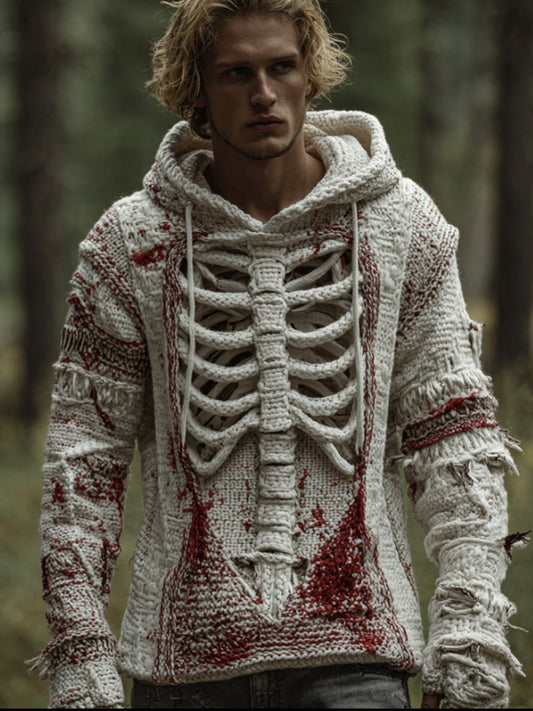 Men Halloween 3d Skeleton Blood Stains Make Old Hooded Sweater artswardrobe