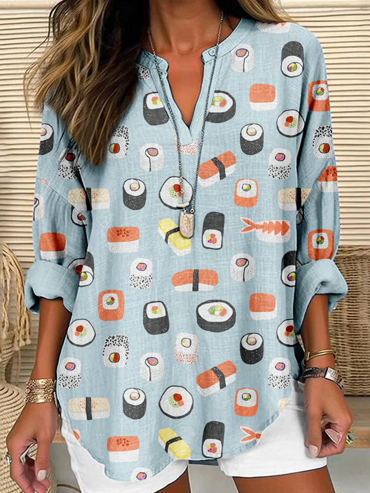 Comstylish Japanese Sushi Nigiri Maki Roll Pattern Linen Blend Tunic