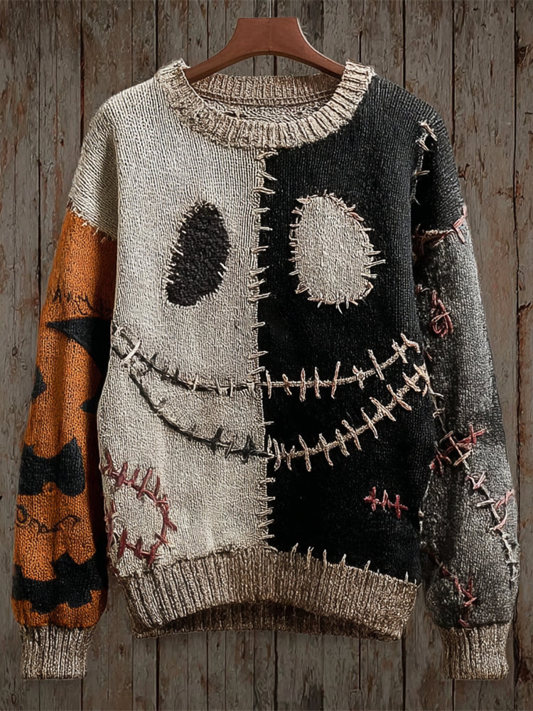 Halloween Pumpkin Emoji Vintage Patchwork Men's Sweater artswardrobe