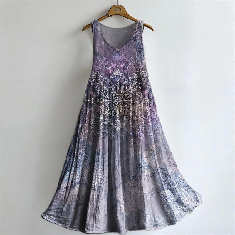 Women's Vintage Ethnic Floral Art Print Crew Neck Sleeveless Cotton Po