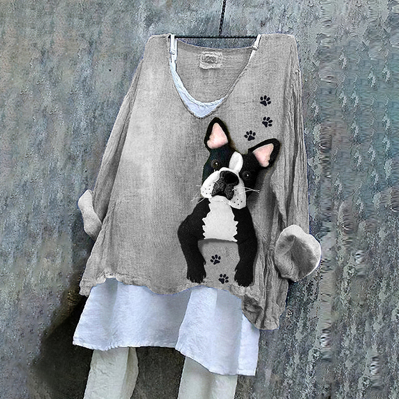 Comstylish Women's Fun French Bulldog Applique Art Linen Blend Vintage Shirt
