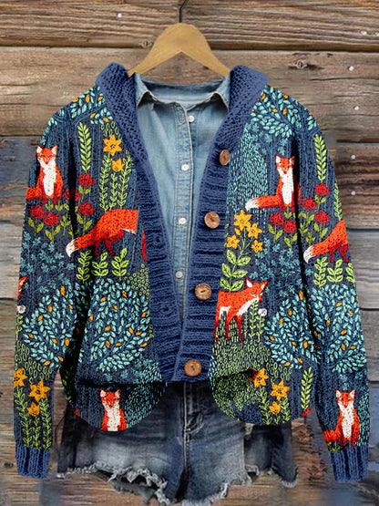 Fox in the Forest Graphic Comfy Hooded Cardigan artswardrobe