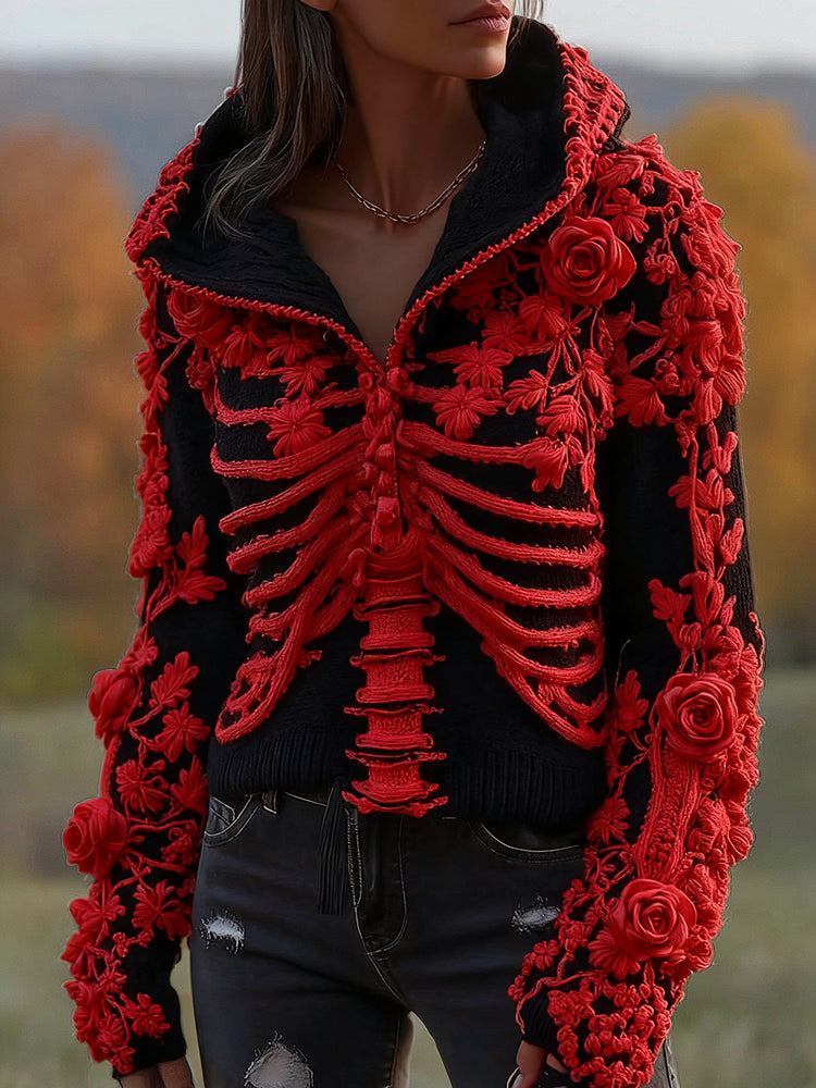 Women's  Halloween Skeleton Bones With Floral Art Knitted Warm Hooded Sweater artswardrobe