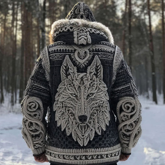 Men's Vintage Viking Wolf Pattern Knit Hooded Zipper Jacket artswardrobe