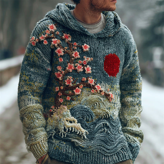 Japanese Plum & Red Sun Men's Knit Hooded Sweater elevenforest