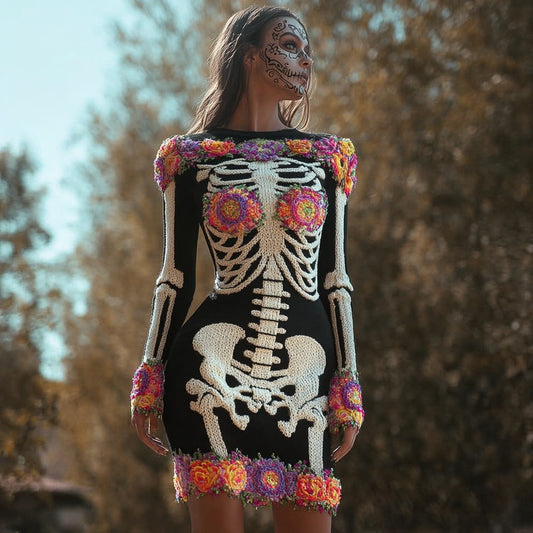 Day Of The Dead Inspired Floral Skeleton Cozy Sweater Dress artswardrobe