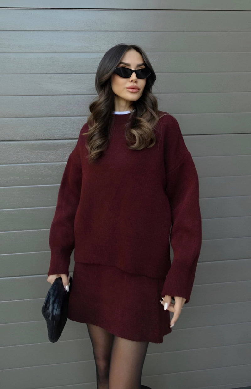 Abito-maglione in cotone in tinta unita bordeaux
