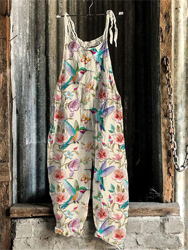 Hummingbirds Floral Embroidery Pattern Linen Blend Jumpsuit artswardrobe