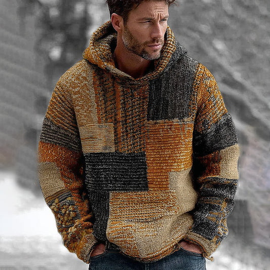 Men's Vintage Sunset Style Colorblock Patchwork Cozy Knit Jacquard Fairman Island Jacquard Thick Warm Hooded Sweater elevenforest