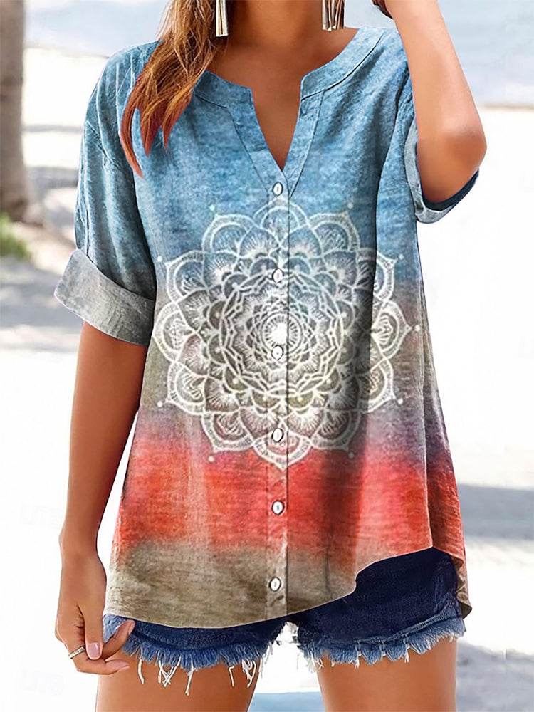 Women's Colorful Mandala Pattern Art Print Cotton Linen Casual Shirt