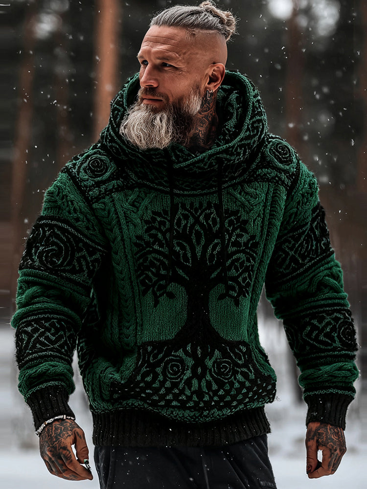 Men's Viking Tribal Jacquard Celtic With Rose And Tree Of Life Inspired Chunky Knit Hooded Sweater elevenforest