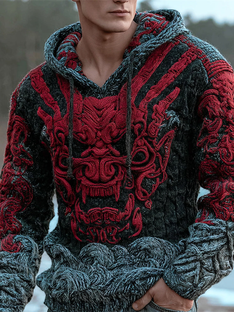 Halloween Japanese Ghost Art Men's Chunky Knit Hooded Sweater artswardrobe