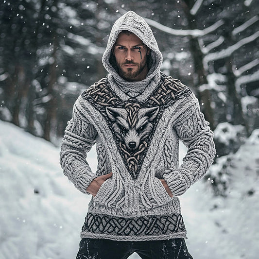Men's Viking Tribal Wolf Inspired Celtic Chunky Knit Pocket Hooded Sweater artswardrobe